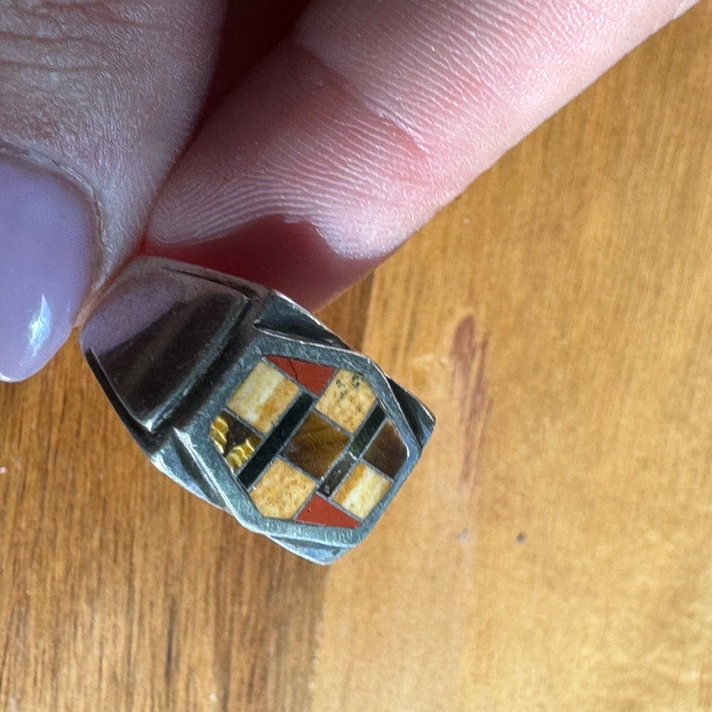 MYD Marked Vintage Mosaic Sterling Silver Ring with Yellow and Red Accents